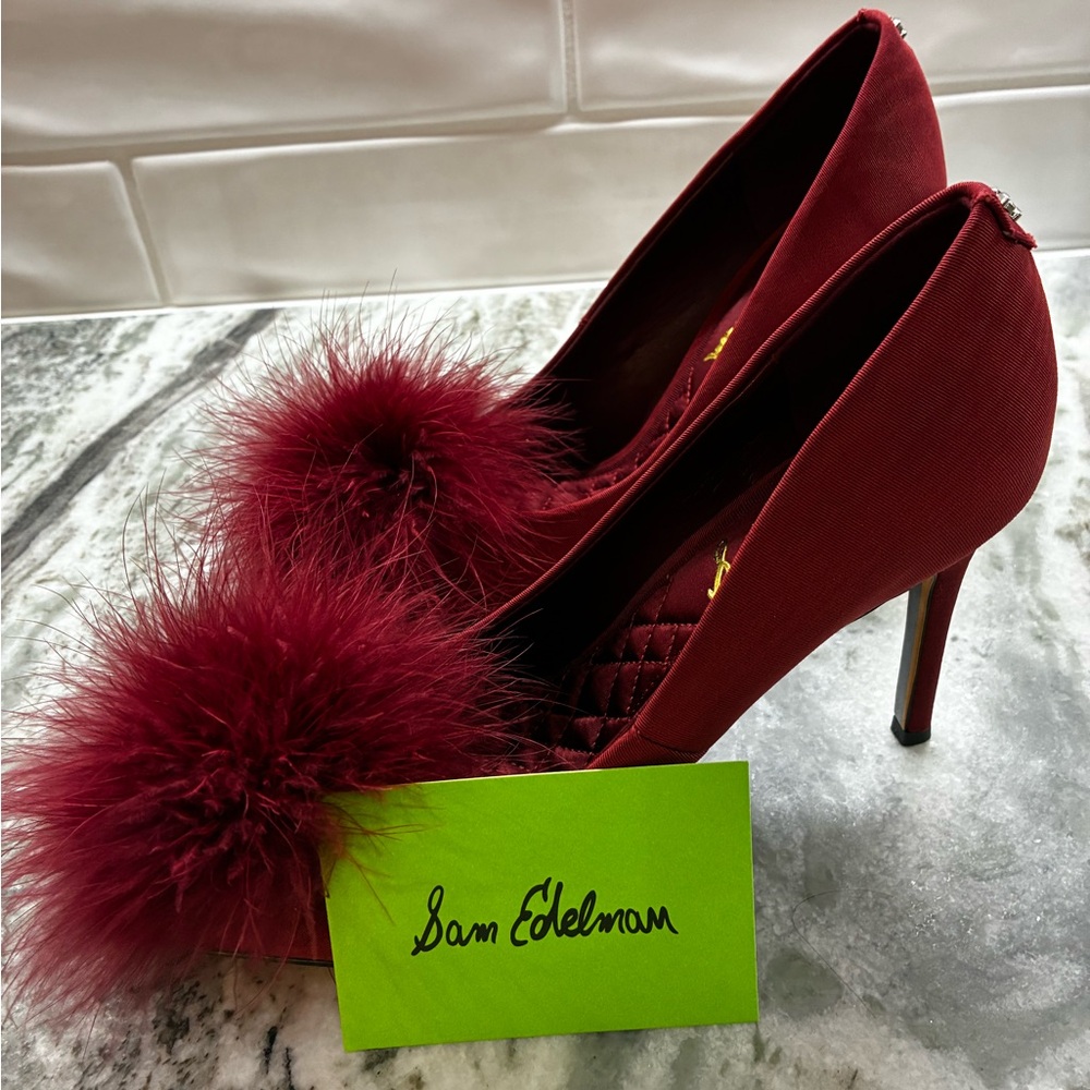 Sam Edelman Burgundy Satin Pom-Pom Stiletto Heels
